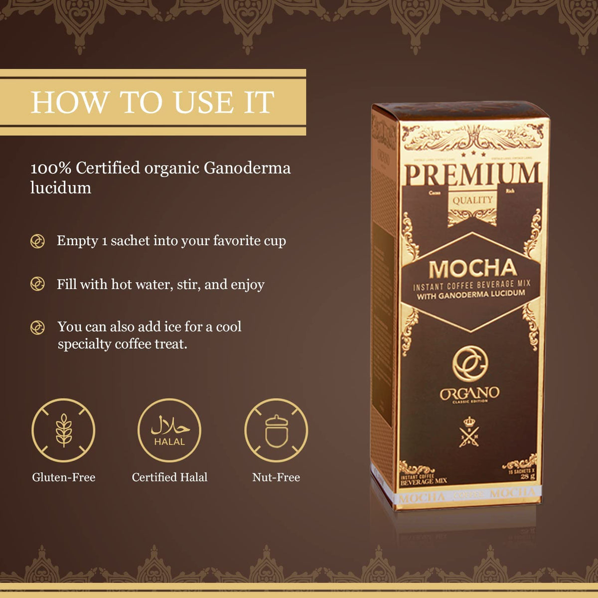 ORGANO Gourmet Cafe Mocha non-dairy whitener delivering dairy-free creaminess