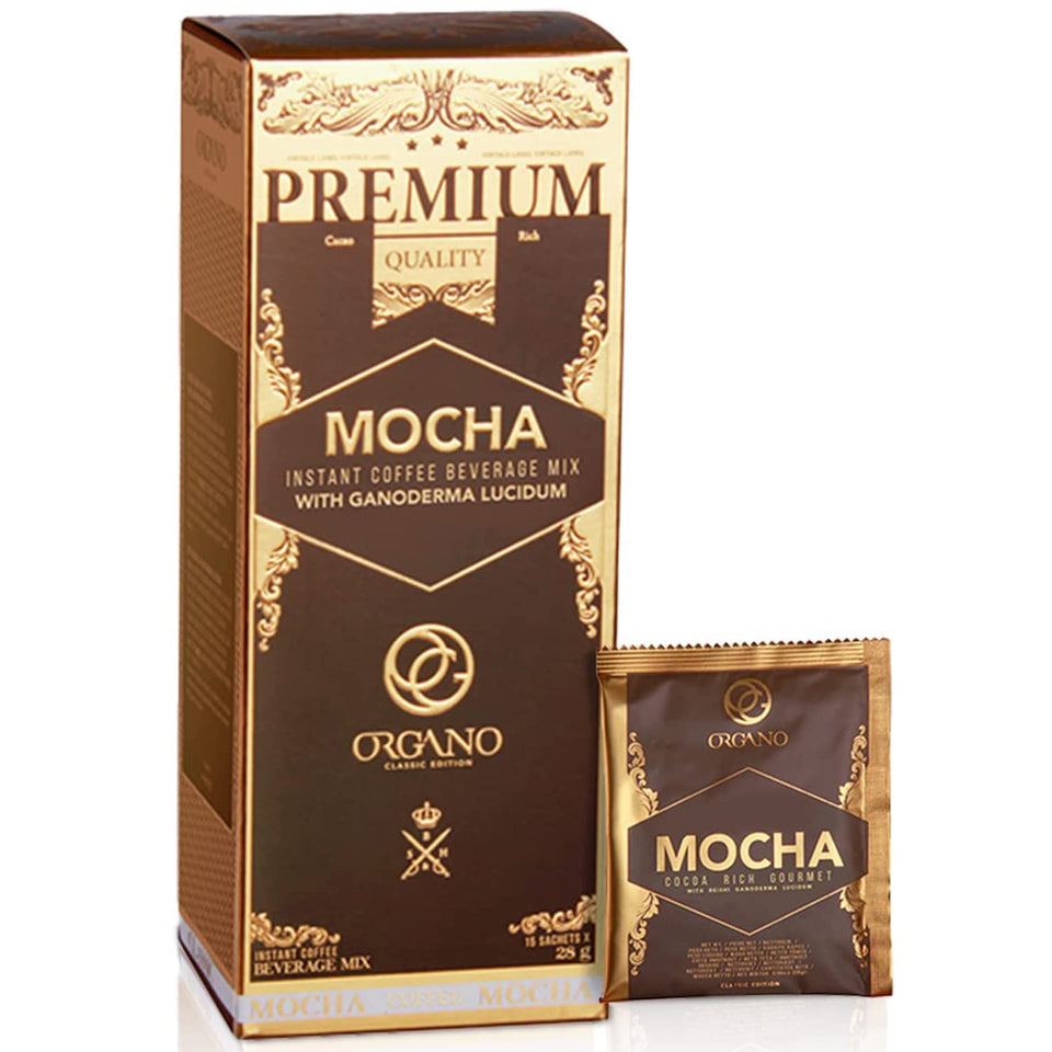 ORGANO Gourmet Cafe Mocha sachet box showing convenient single-serve portions for quick mochas