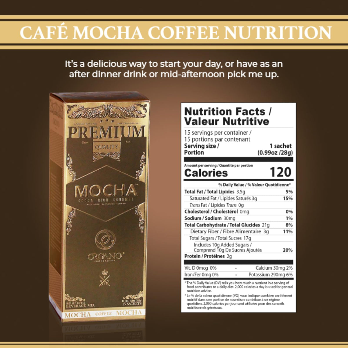 ORGANO Gourmet Cafe Mocha sachet closeup highlighting smooth cocoa and coffee mix