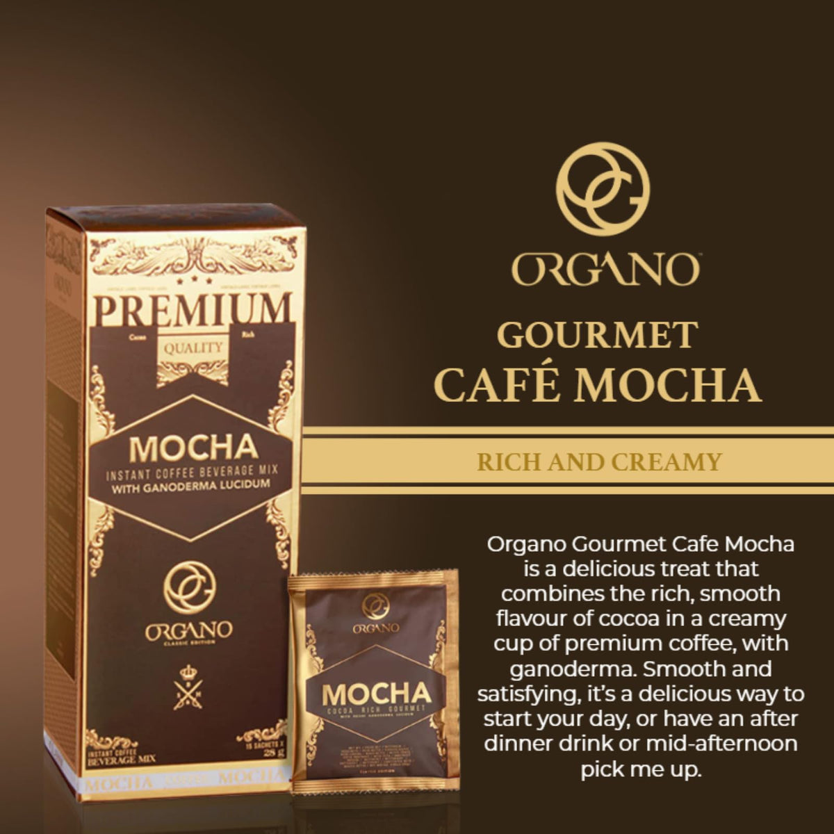 ORGANO Gourmet Cafe Mocha sachets pack for quick brewing at home or work