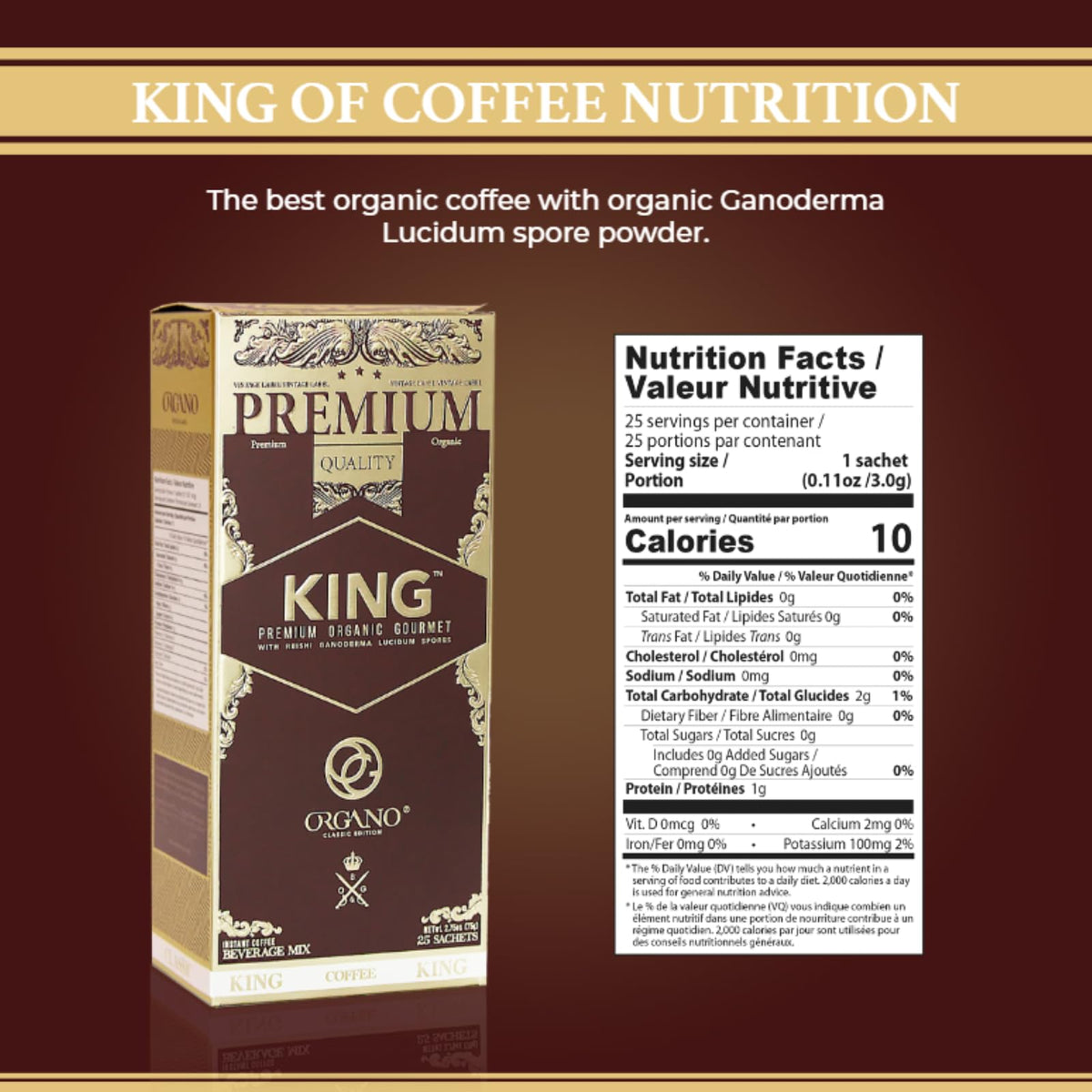 ORGANO King of Coffee cup setup with rich aroma and nutty balance in every pour.