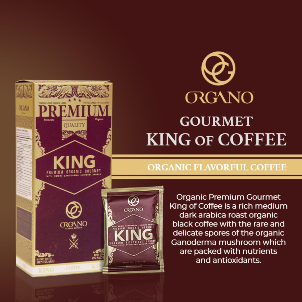 ORGANO King of Coffee instant mix shows convenient sachets for quick, flavorful brews.