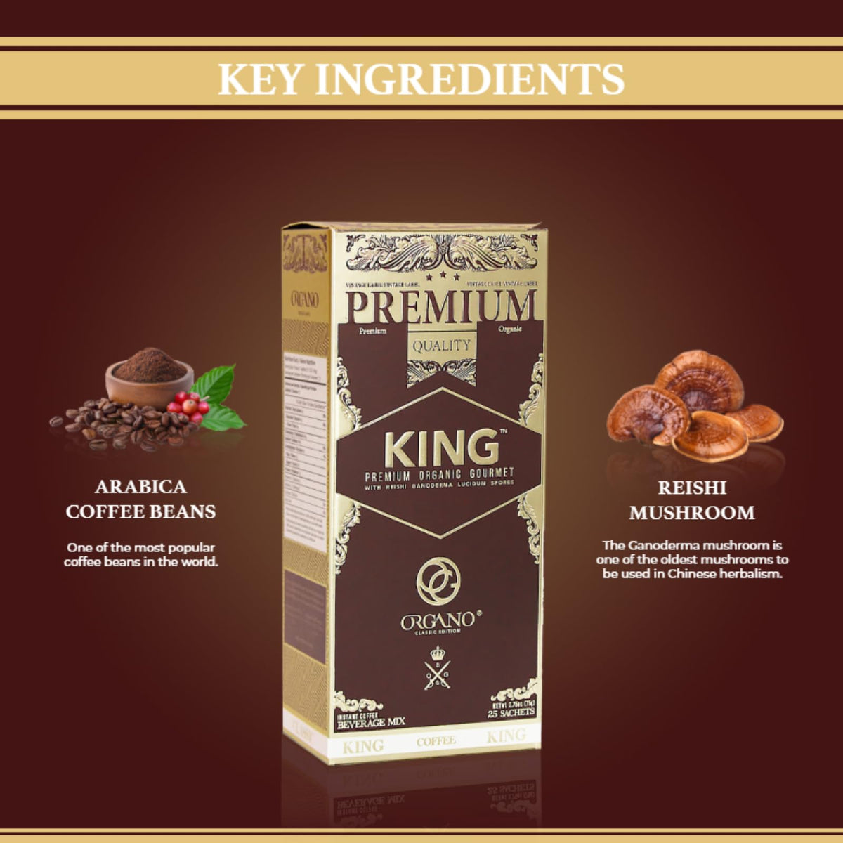 ORGANO King of Coffee sachet collection for mess-free morning prep.