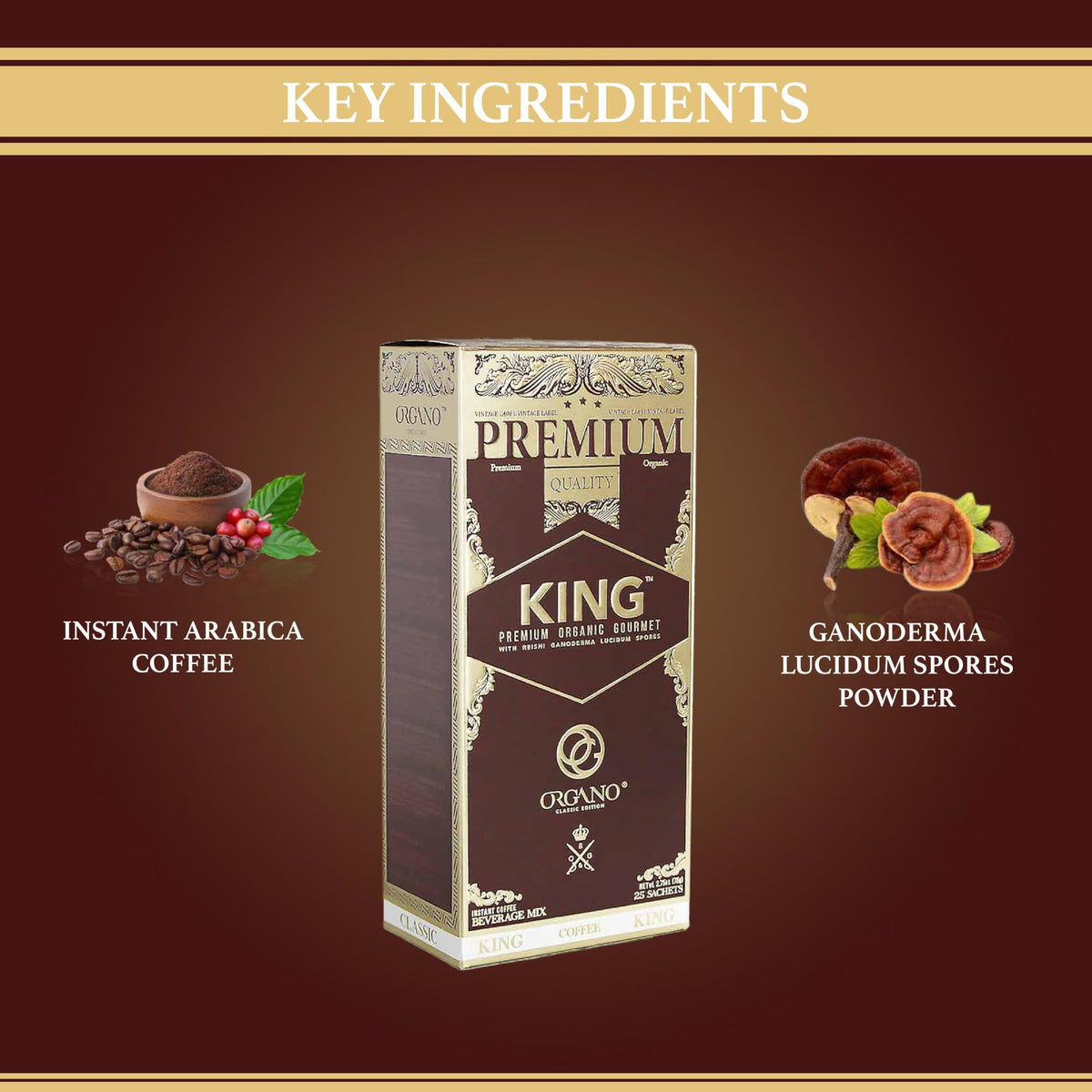 ORGANO King of Coffee hot or iced serving option.