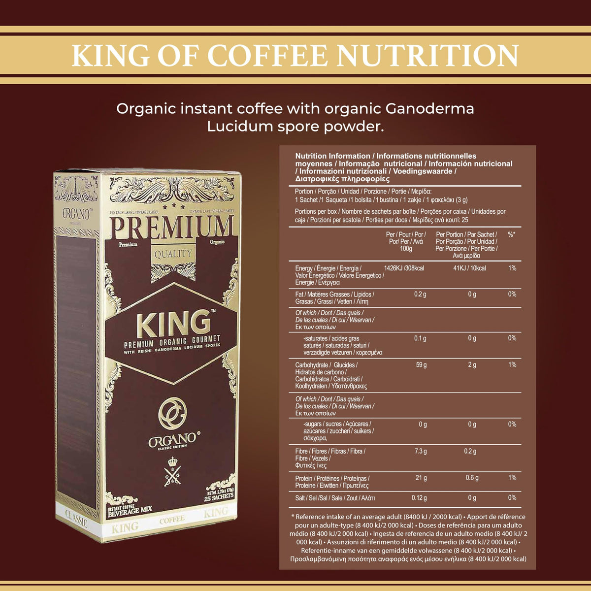 ORGANO King of Coffee instant mix for quick, flavorful mugs.