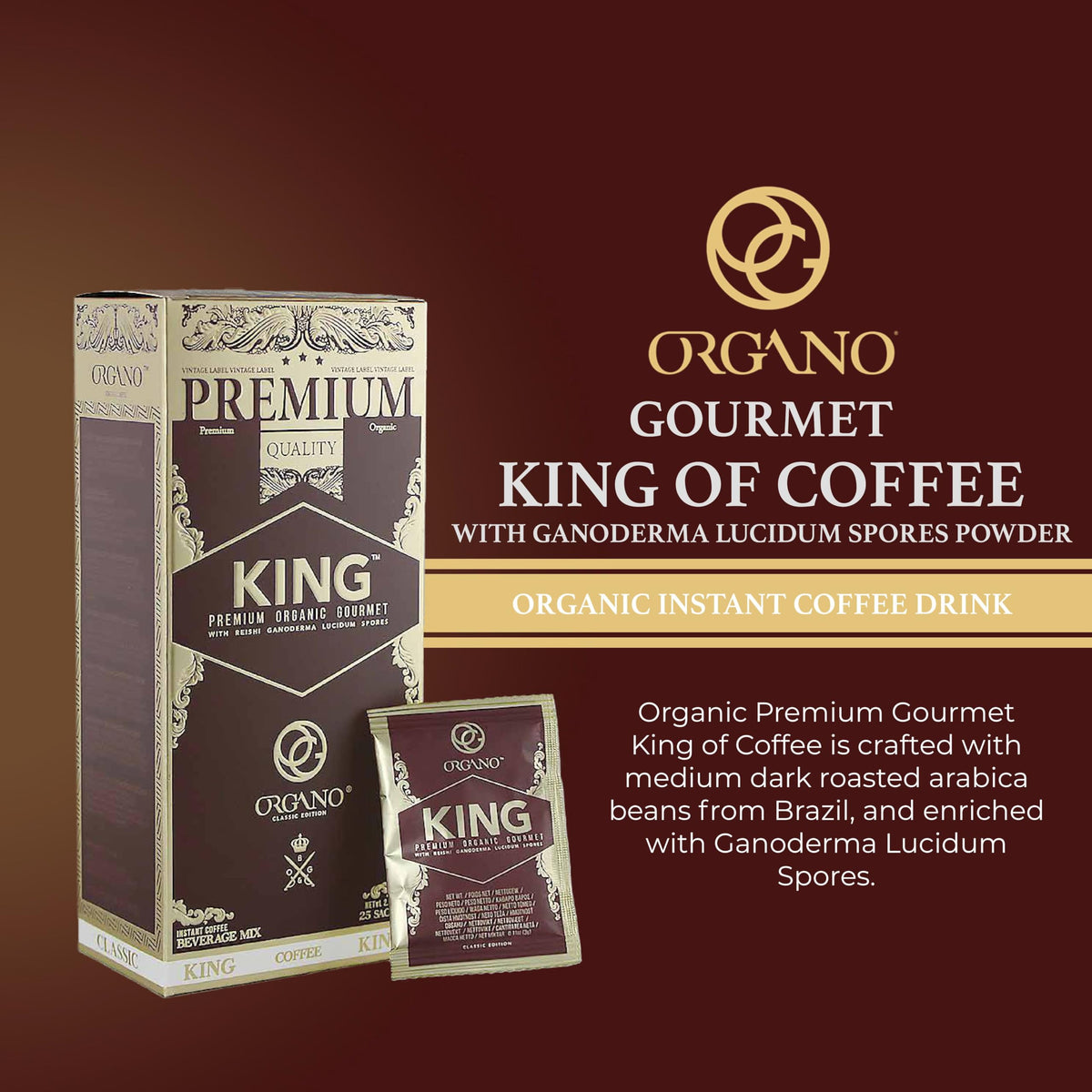 ORGANO King of Coffee medium-dark roast aroma from Brazil.
