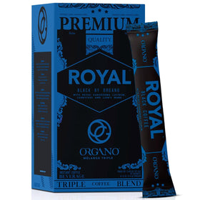 ORGANO Royal Black instant coffee pack with bold aroma and rich flavor.