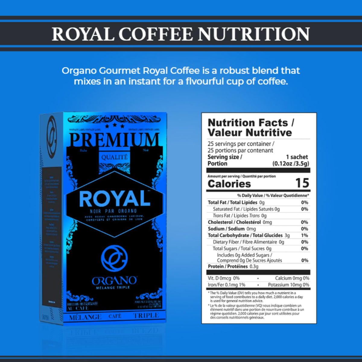 ORGANO Royal Black stick packs for convenient single-serve coffee on the go.