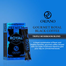 ORGANO Royal Black triple-mushroom blend label highlighting earthy depth.