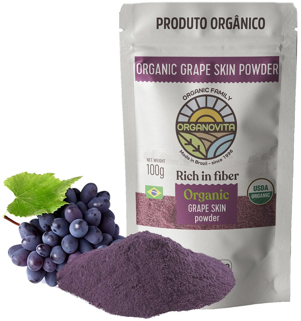 Organovita Grape Skin Powder bottle – gluten-free, high-fiber ingredient for smoothies.
