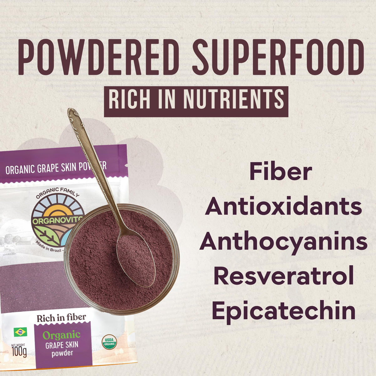 Organovita Grape Skin Powder bowl – vibrant color for gluten-free recipes.