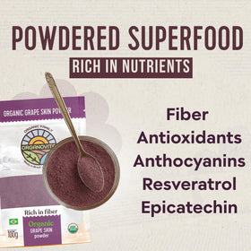 Organovita Grape Skin Powder bowl – vibrant color for gluten-free recipes.