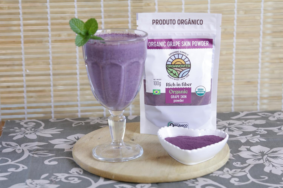 Organovita Grape Skin Powder packaging – upcycled ingredient from grape skins.