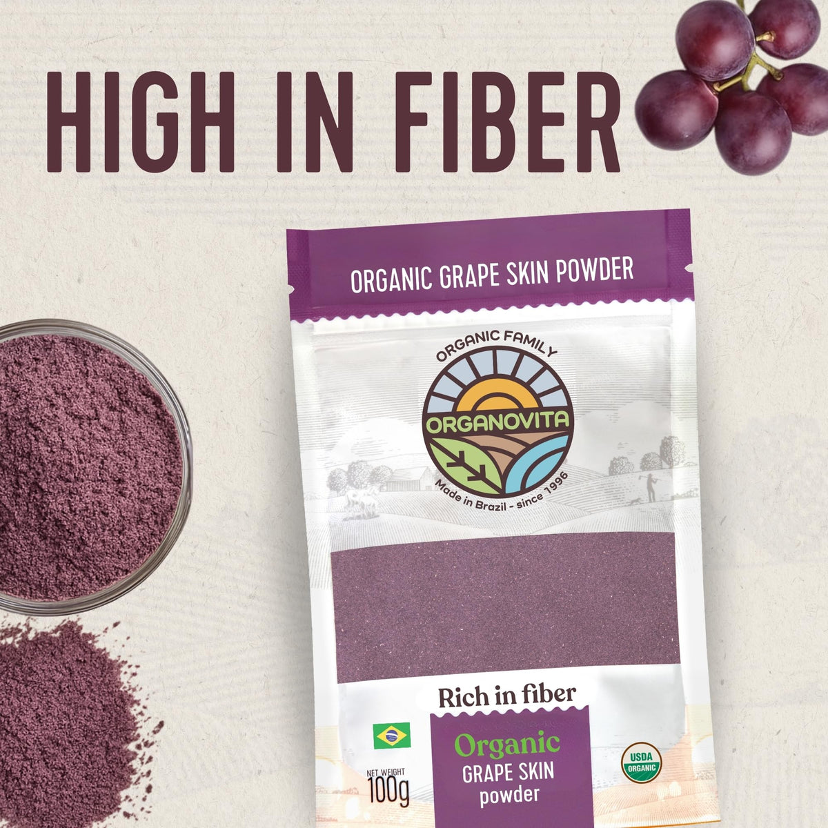 Organovita Grape Skin Powder pouring – adds polyphenols to desserts.