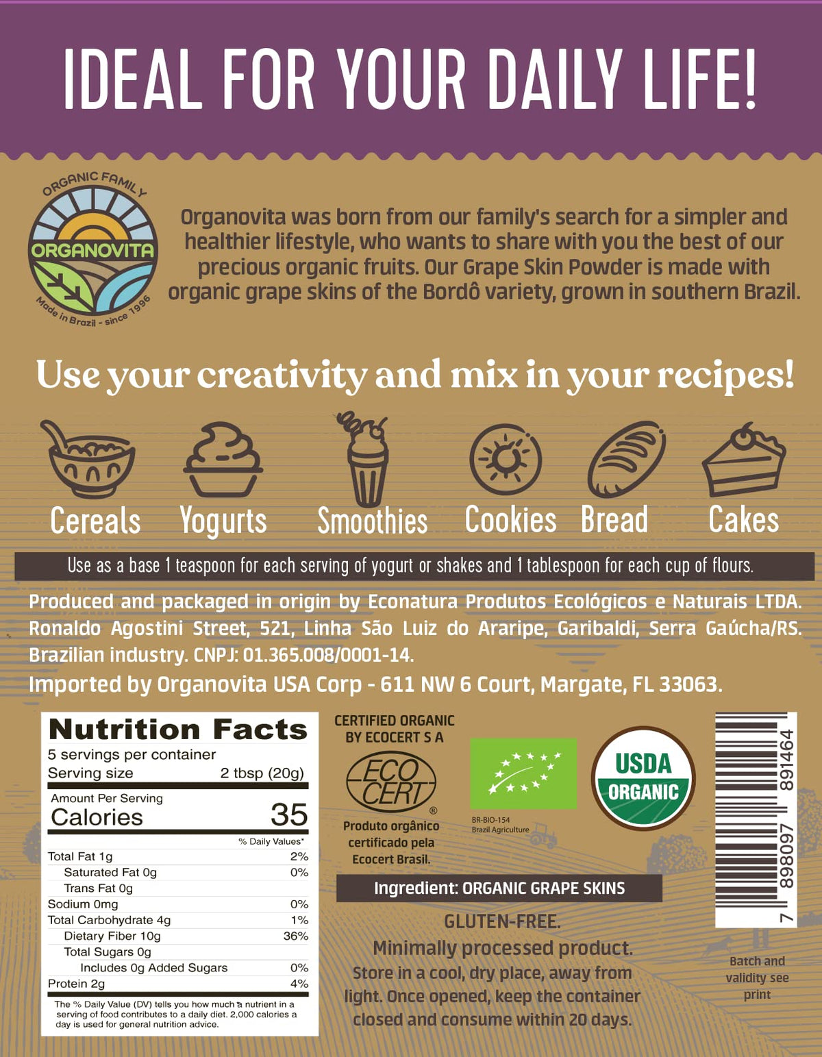 Organovita Grape Skin Powder spoon – convenient fiber boost in cereals.