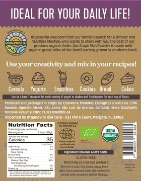 Organovita Grape Skin Powder spoon – convenient fiber boost in cereals.