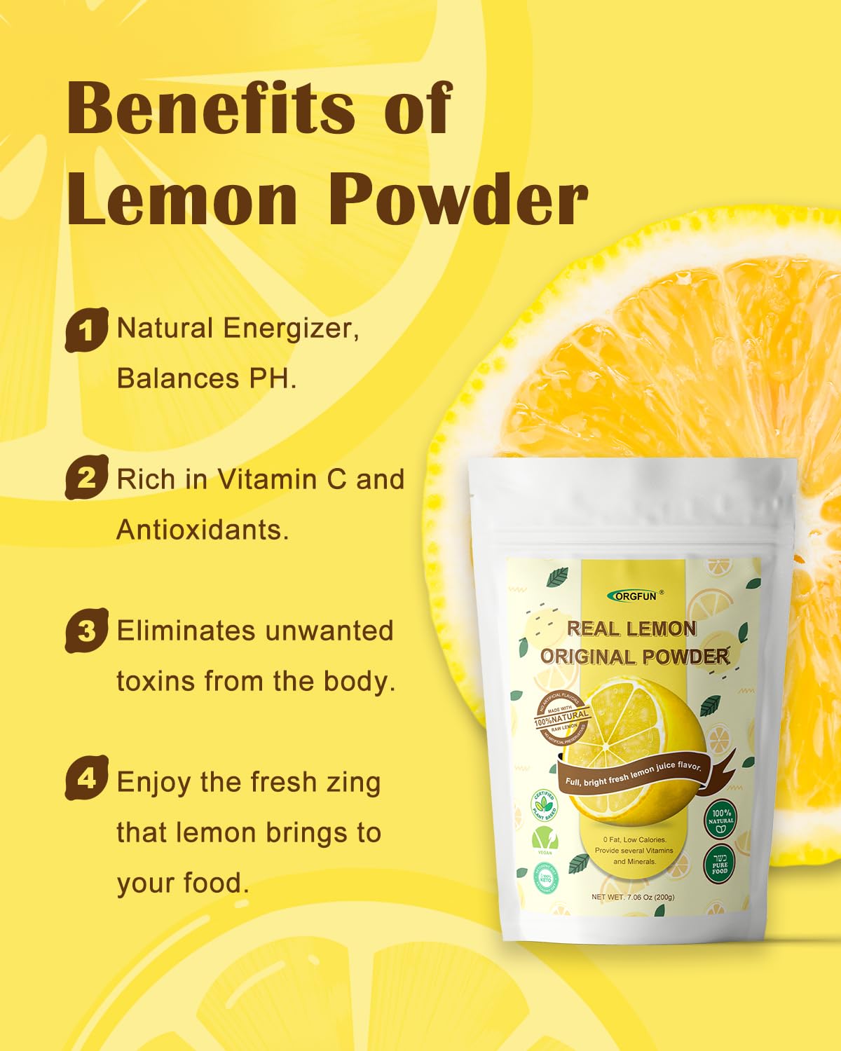 Texture closeup of ORGFUN freeze-dried lemon powder for recipes