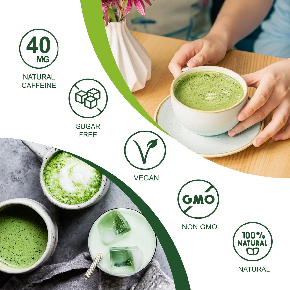 ORGFUN iced matcha latte being poured, refreshing and balanced flavor.
