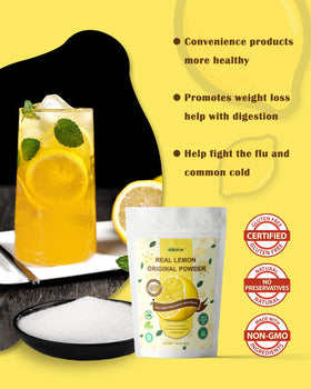 Lemon powder dissolving in water with ORGFUN branding