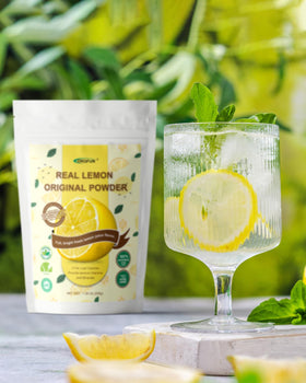 ORGFUN lemon powder being poured into a smoothie