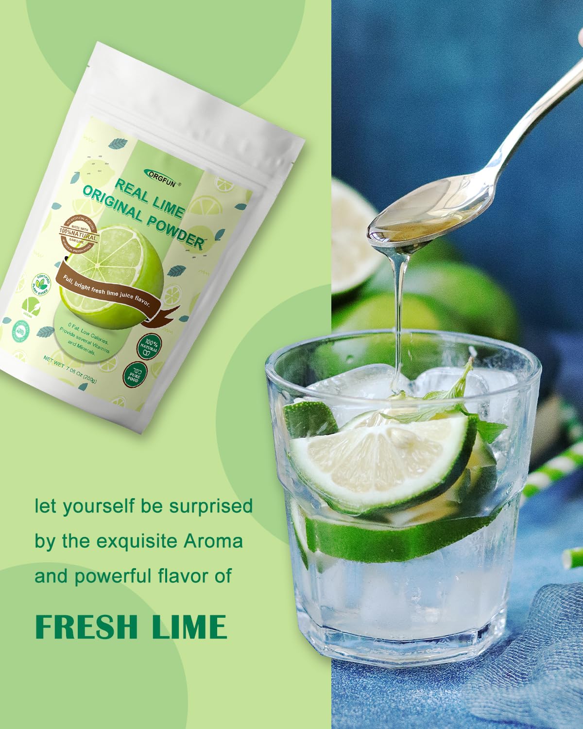 ORGFUN lime powder in smoothie for convenient tart brightness
