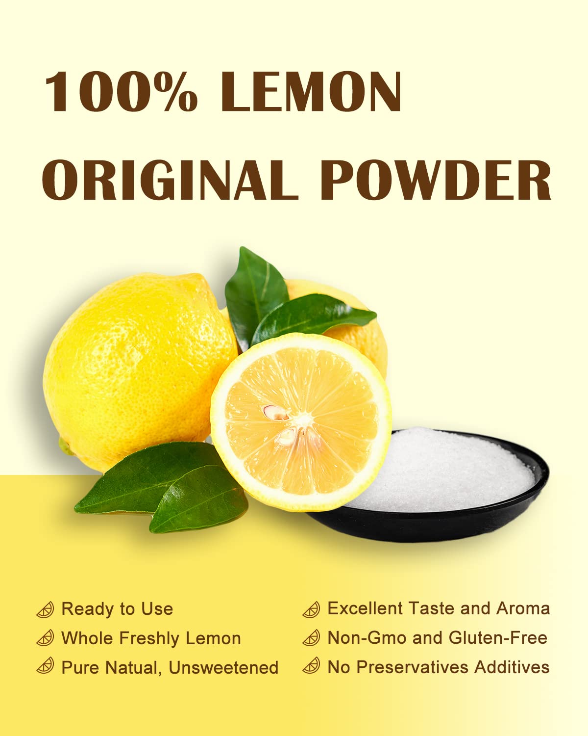 Closeup of ORGFUN lemon powder jar highlighting pure ingredients