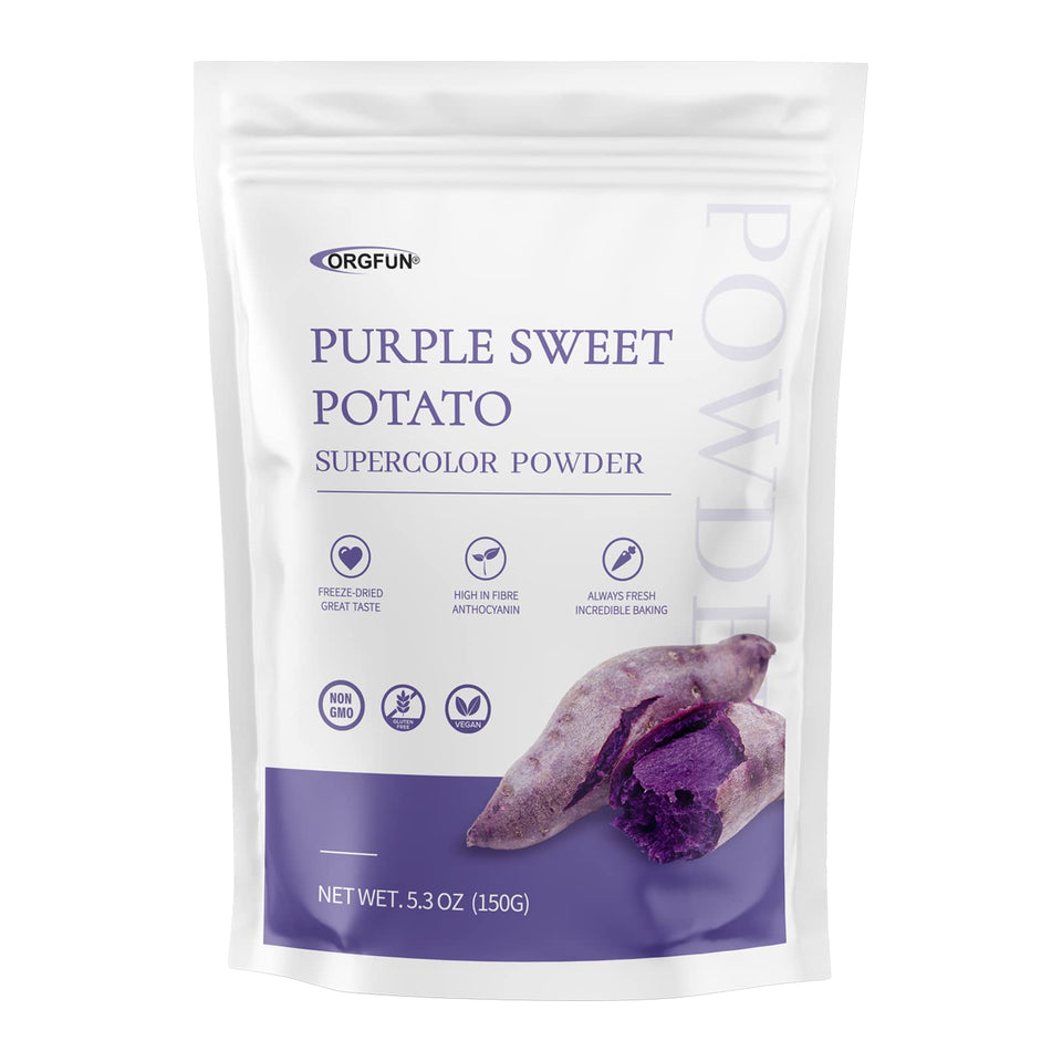 ORGFUN purple sweet potato powder packaging highlights freshness and resealability.
