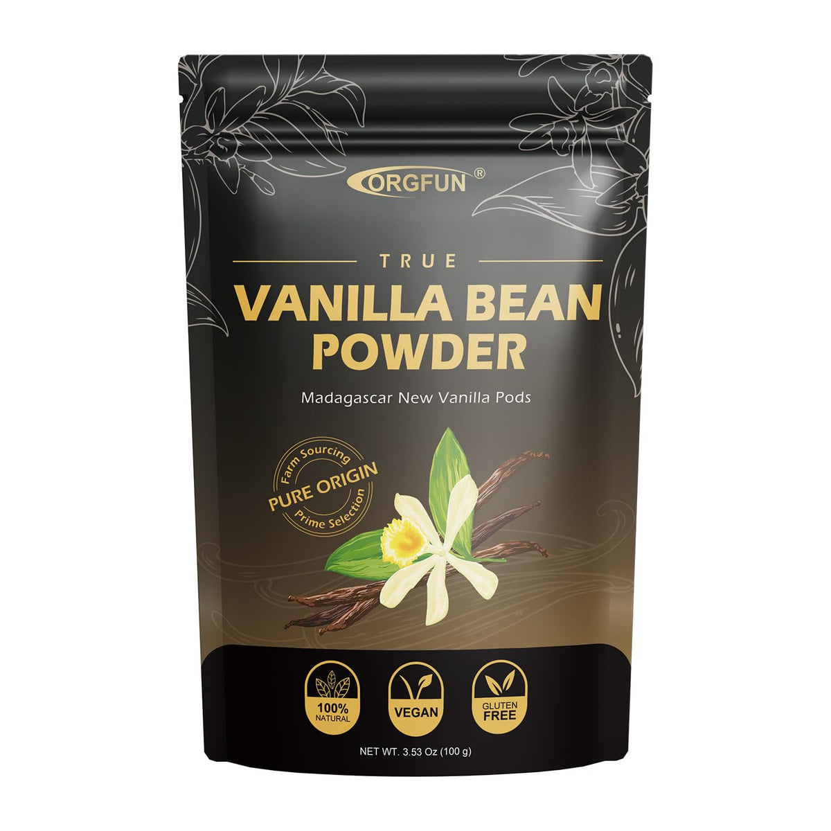 ORGFUN Vanilla Bean Powder jar showcasing premium Madagascar vanilla for baking.