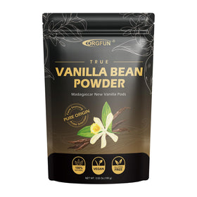 ORGFUN Vanilla Bean Powder jar showcasing premium Madagascar vanilla for baking.