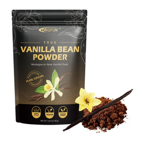 ORGFUN Vanilla Bean Powder ground texture close-up highlighting purity for desserts.