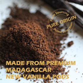 ORGFUN Vanilla Bean Powder measuring spoon for precise flavor in recipes.
