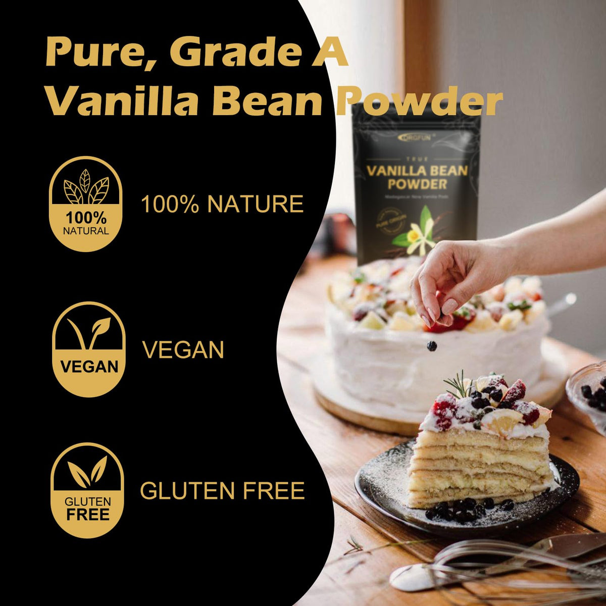 ORGFUN Vanilla Powder pour image showing easy incorporation into beverages.