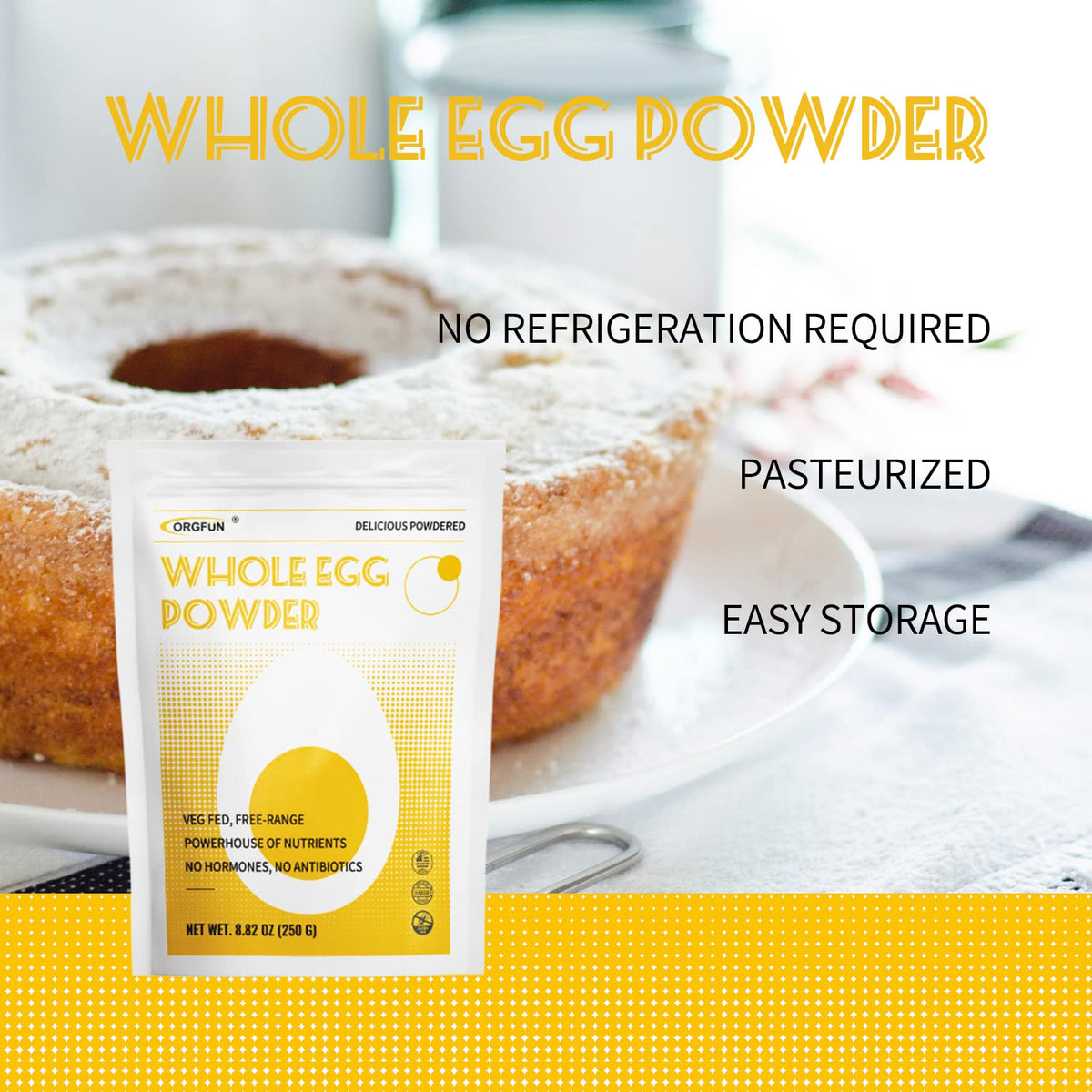 ORGFUN Whole Egg Powder baking setup illustrates versatile use in desserts and breads.