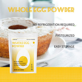 ORGFUN Whole Egg Powder baking setup illustrates versatile use in desserts and breads.