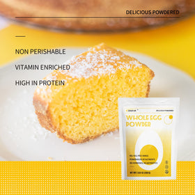 ORGFUN Whole Egg Powder pouring highlights quick, mixable ingredient for smoothies.
