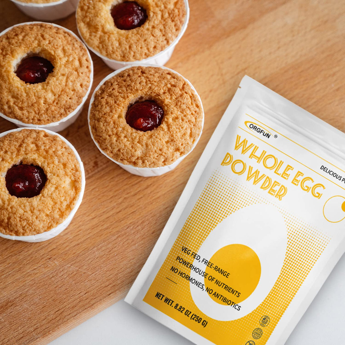 ORGFUN Whole Egg Powder for shakes suggests a protein boost in drinks.