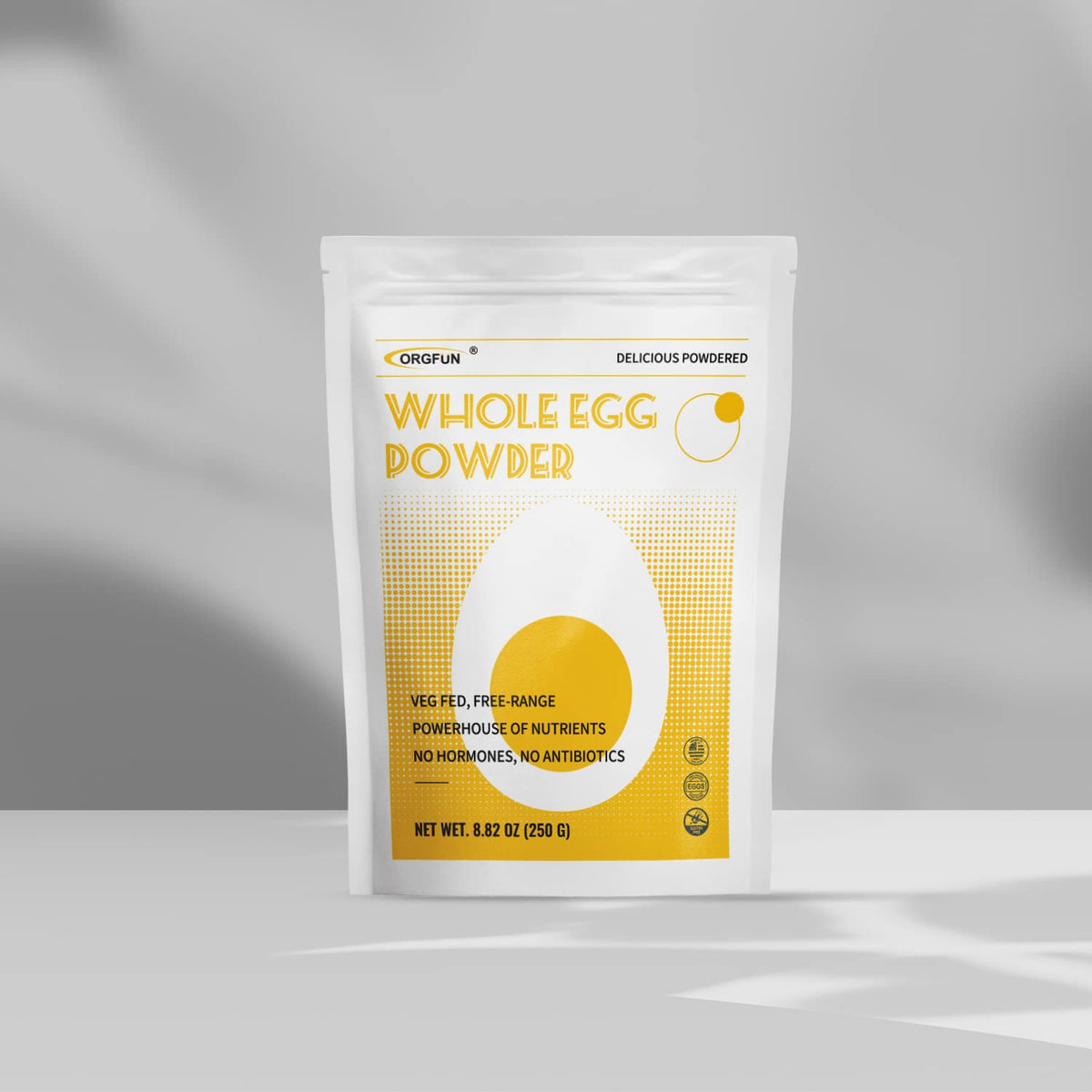 ORGFUN Whole Egg Powder texture close-up reveals fine, smooth powder.