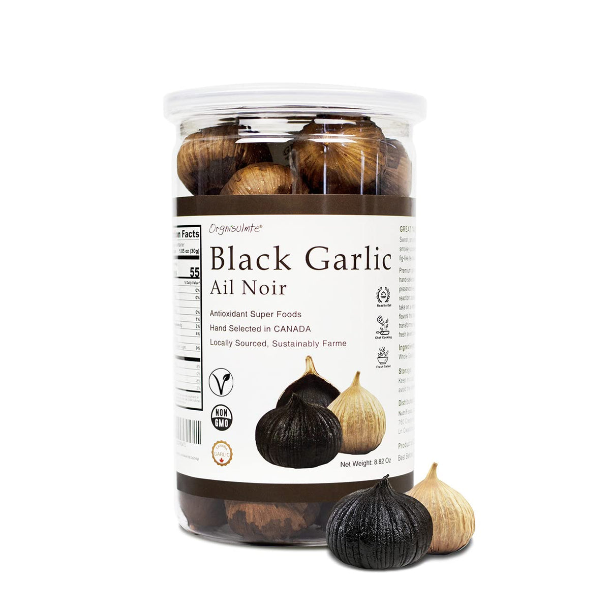 Orgnisulmte black garlic whole bulbs for a convenient snack and flavor booster.