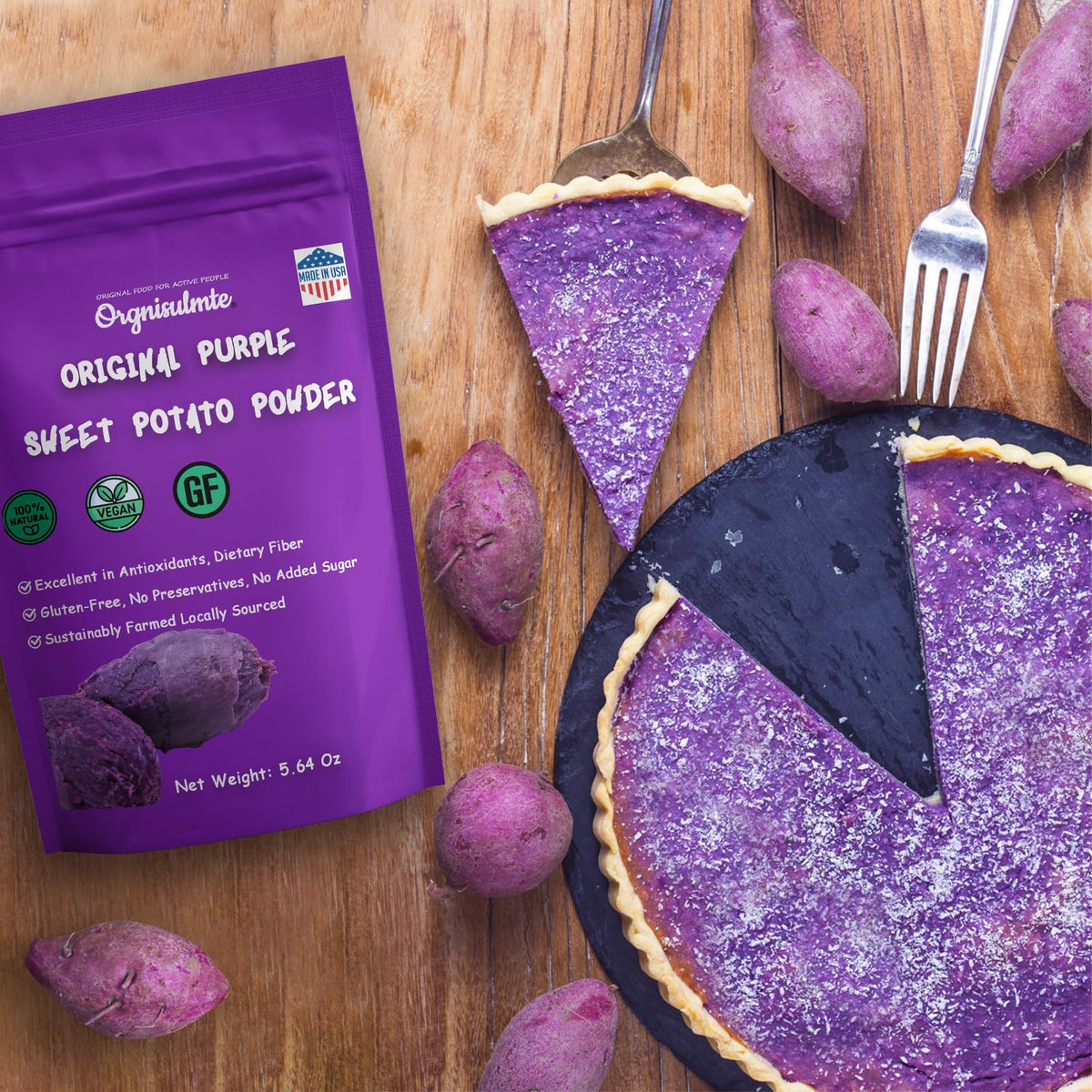 orgnisulmte powder enhances drinks with subtle flavor and color.