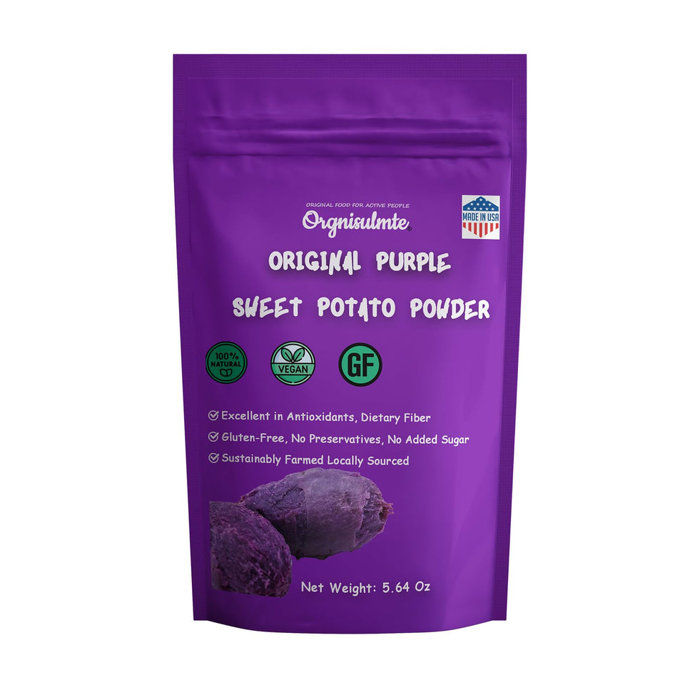 orgnisulmte purple sweet potato powder packaging close-up highlights freshness and resealability.