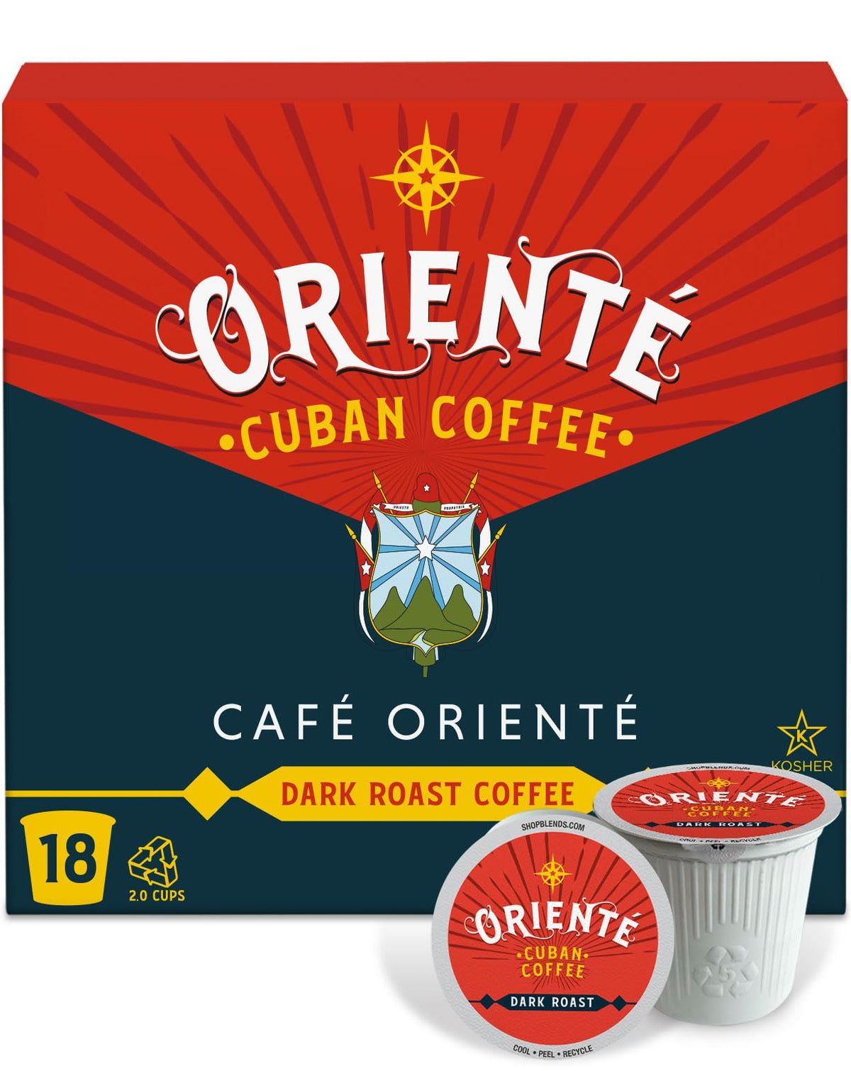 Oriente Dark Roast coffee pods, 18-count box, bold aroma for energized mornings