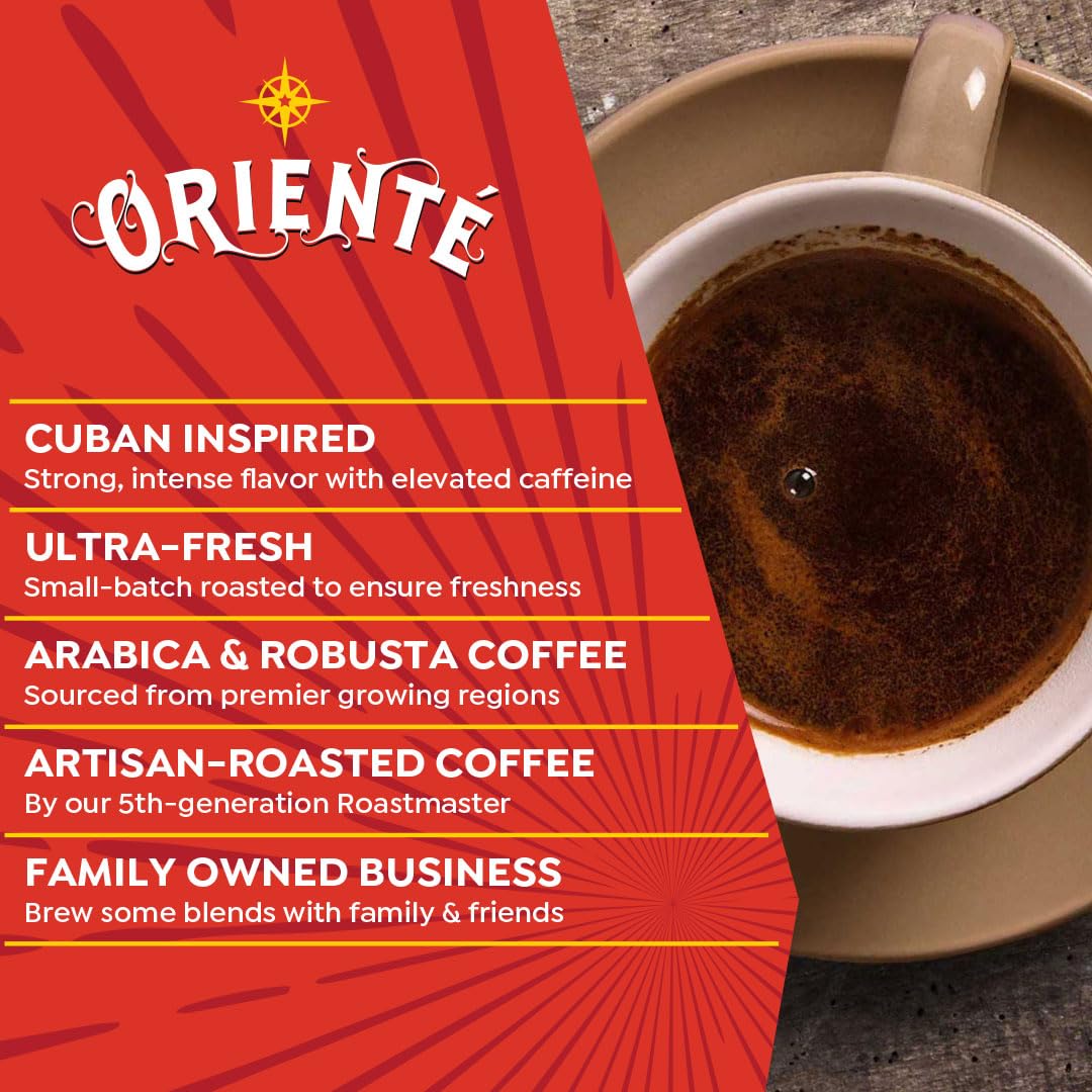 Oriente Dark Roast beans handpicked on hillside terraces.