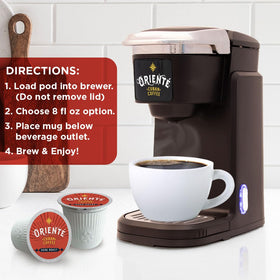 Oriente Dark Roast pods compatible with Keurig brewers.
