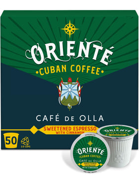 Oriente Sweetened Espresso Cinnamon Pods packaging shown for rich aroma.