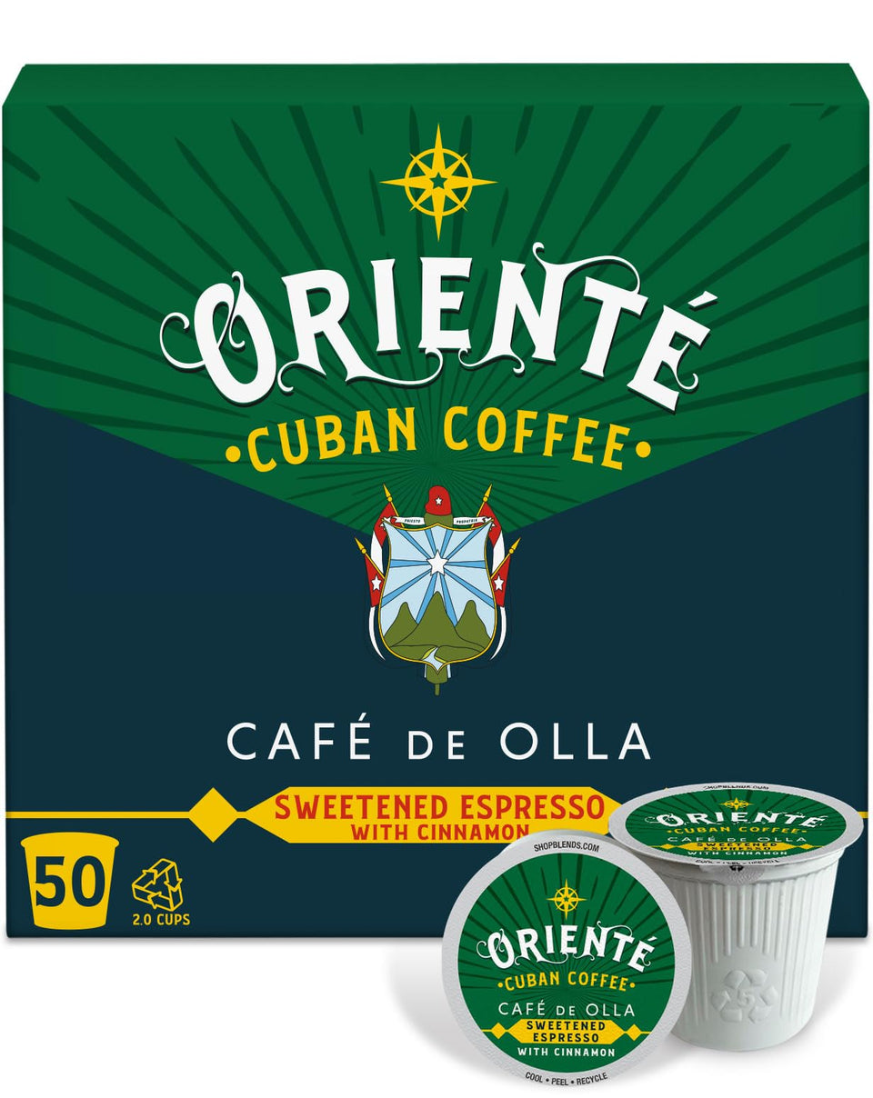Oriente Sweetened Espresso Cinnamon Pods packaging shown for rich aroma.