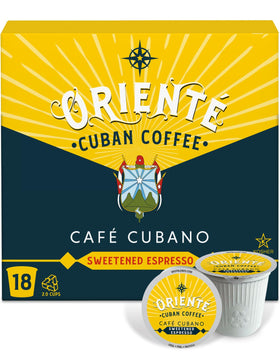 Oriente Sweetened Espresso Pods 18ct pack shot showcasing bold Cuban-inspired flavor for home brewing.
