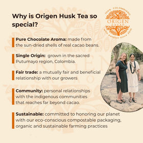 Origen Cacao Husk Tea brewed cup releases rich chocolate aroma for mindful sipping.