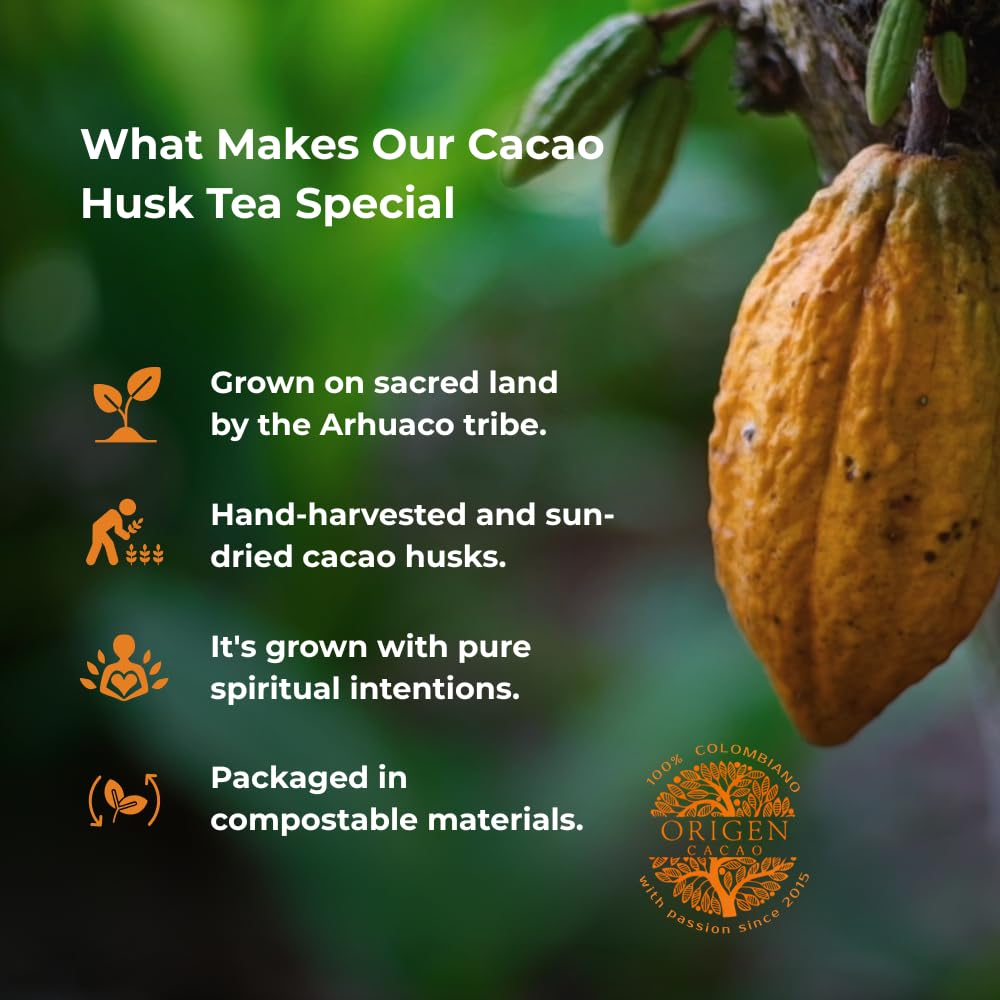 Origen Cacao Husk Tea loose husks show natural cacao shells for antioxidant-rich use.