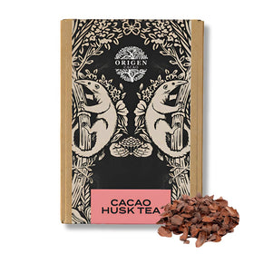 Origen Cacao Husk Tea packaging highlights zero sugar and caffeine-free wellness.