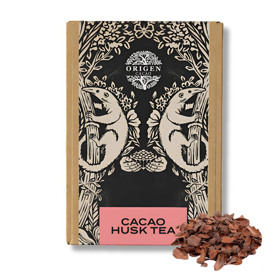 Origen Cacao Husk Tea packaging highlights zero sugar and caffeine-free wellness.